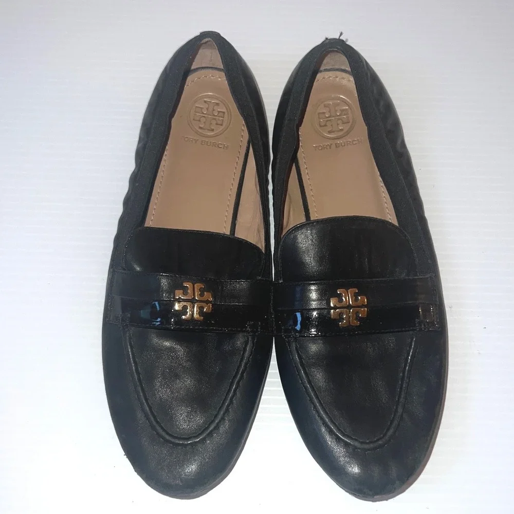 Tory Burch Loafers Women Size 8 Black Good Leather Gold Logo Flats Slip On
